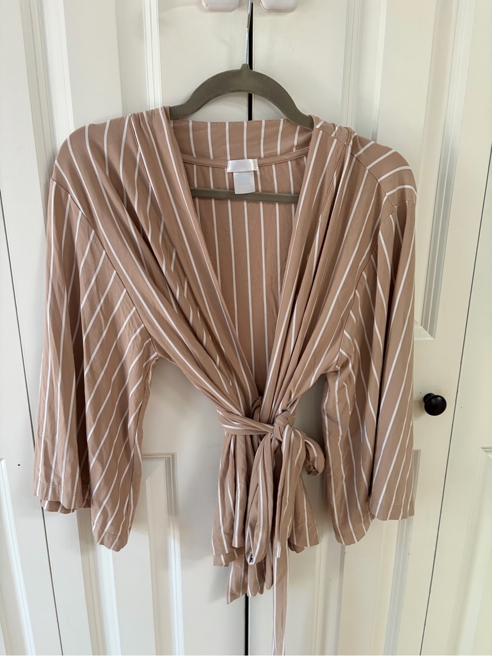 LAKE Pajamas Kimono Robe Women Brown White Striped Short Wrap Loungewear Top S